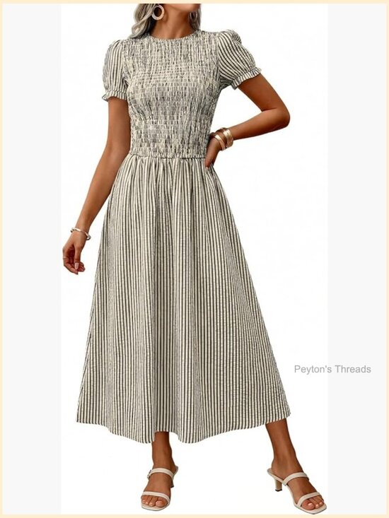 Dresses & Skirts - Smocked Midi Dress with Puff Short Sleeves and Striped Pattern